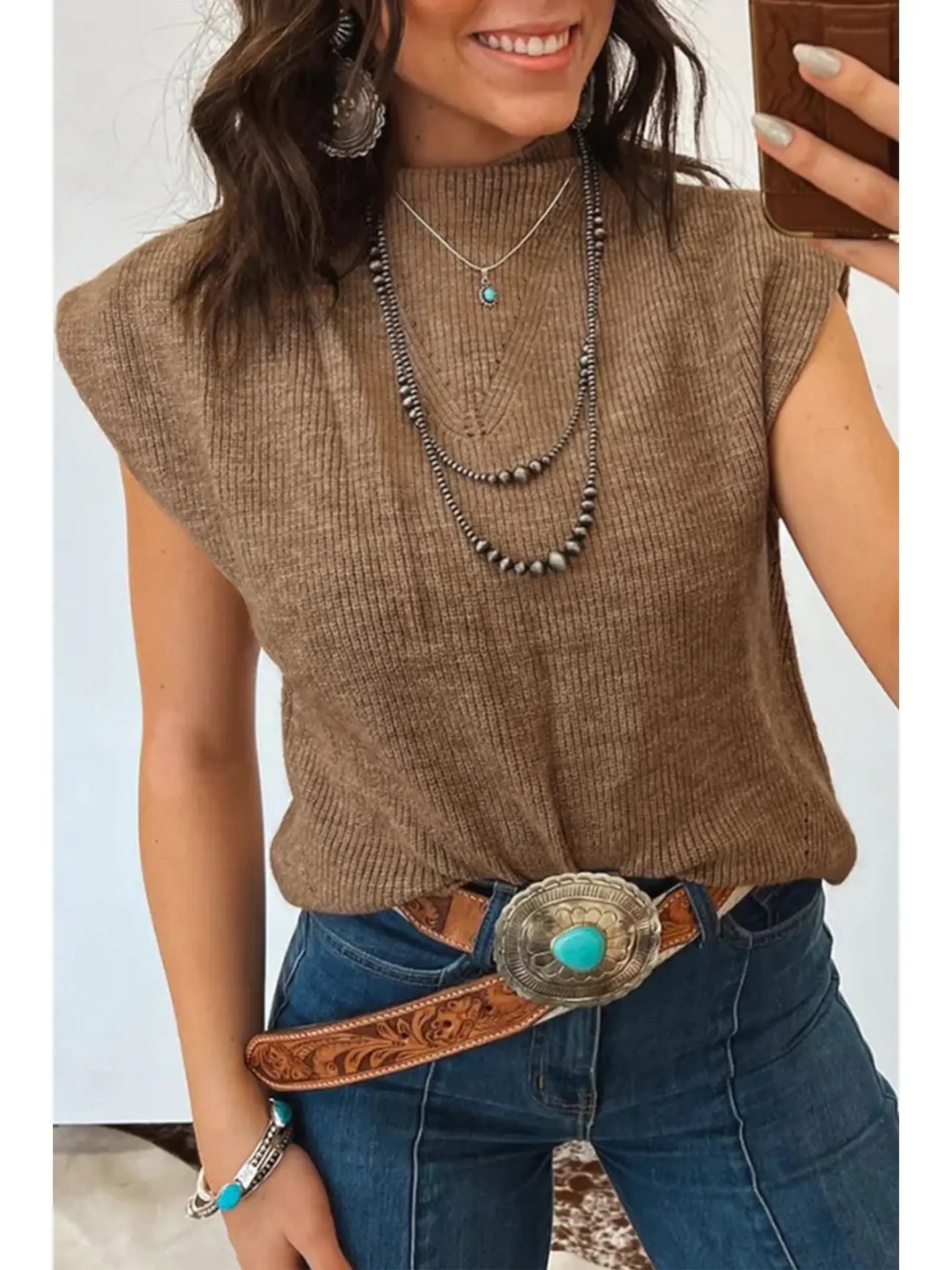 Solid Ribbed Knit Mock Neck Loose Sleeveless Sweater