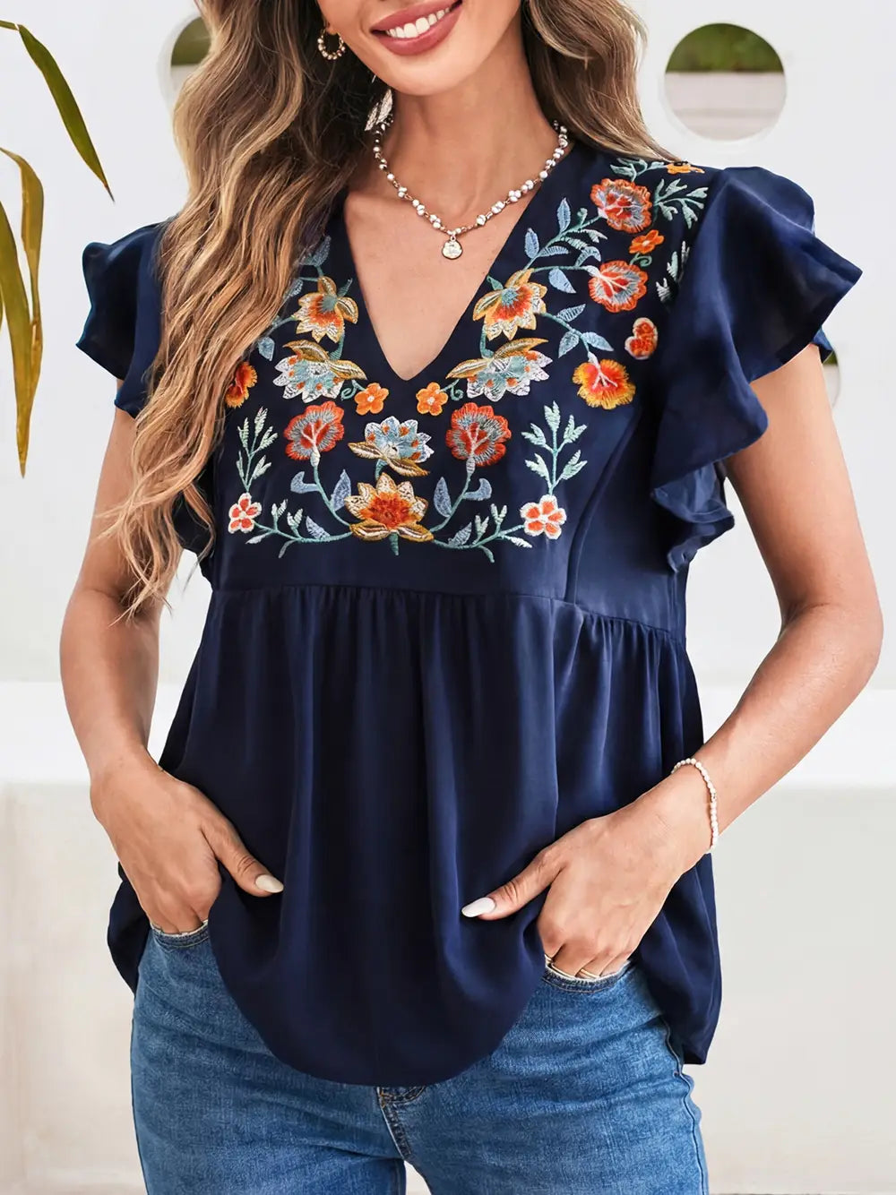 Ruffled Sleeve Floral Embroidered Detail Babydoll Blouse