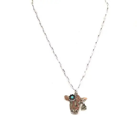 Western Turquoise Flower Cow Head Necklace