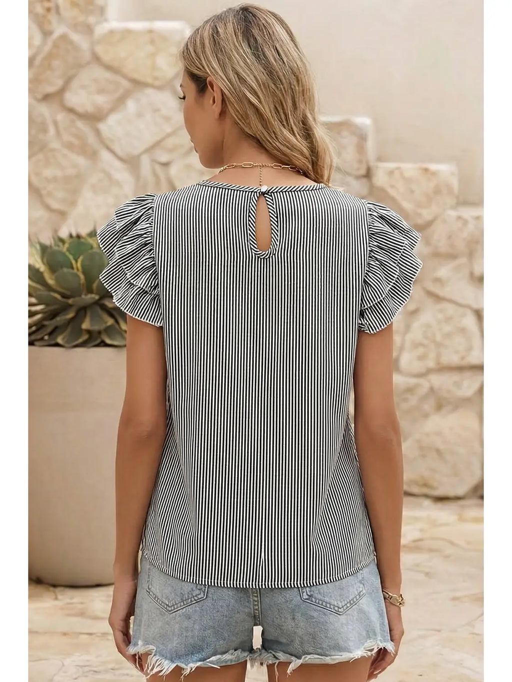 Stripe Double Ruffled Short Sleeve Blouse