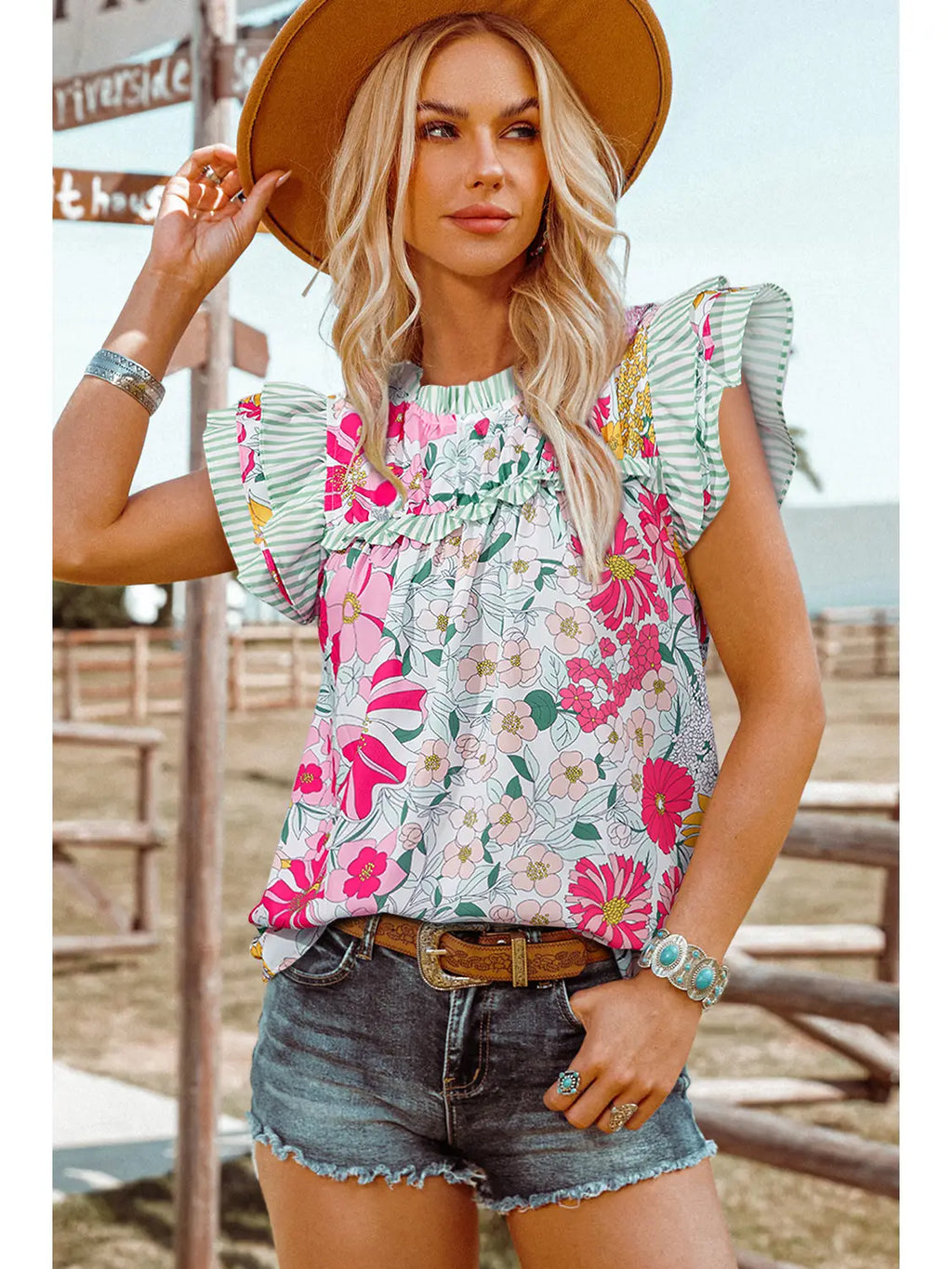 Fashion Floral Contrast Ruffle Trim Short Sleeve Boho Blouse