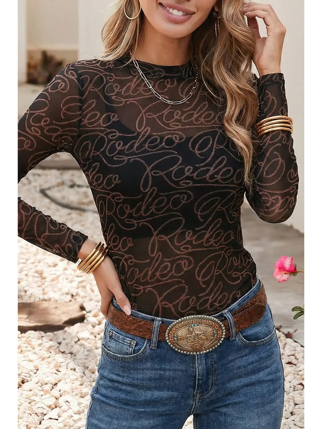 Western Rodeo Printed Mock Neck Long Sleeve Mesh Top