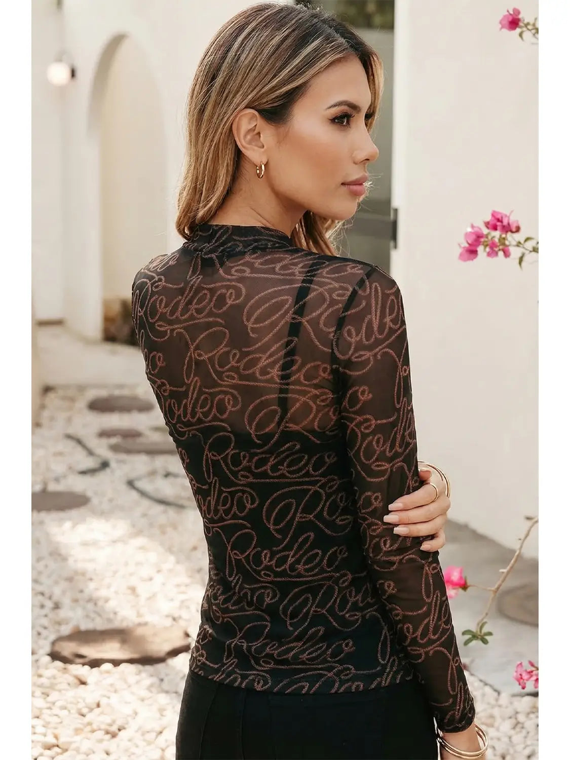 Western Rodeo Printed Mock Neck Long Sleeve Mesh Top