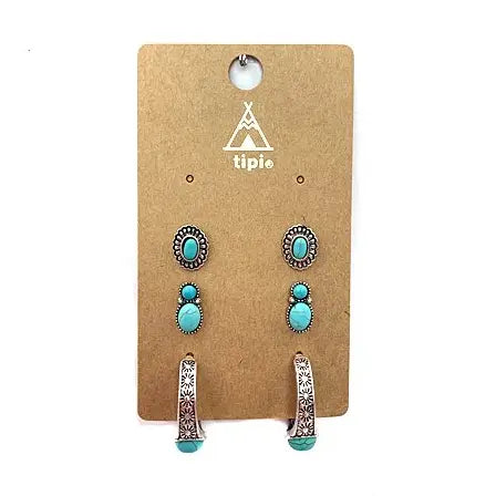 Western 3 Pair Turquoise Hoop Earring Set