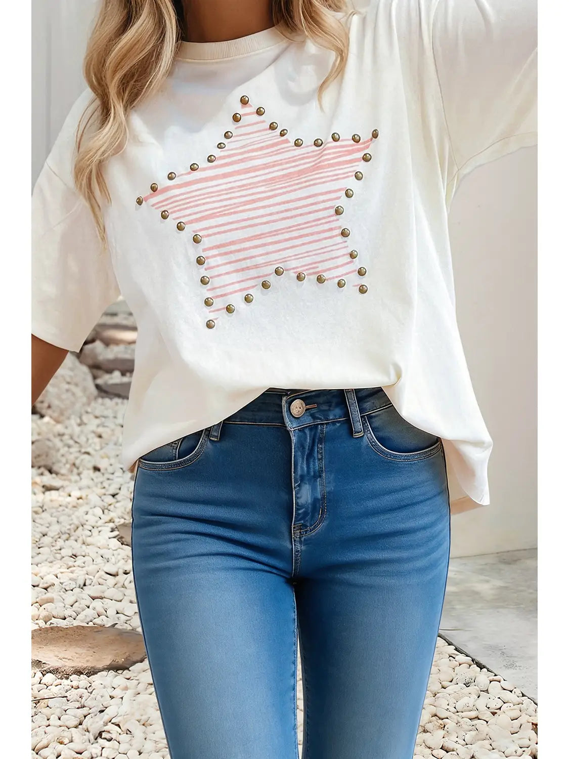Star Print Stud Detail Cotton Jersey Top