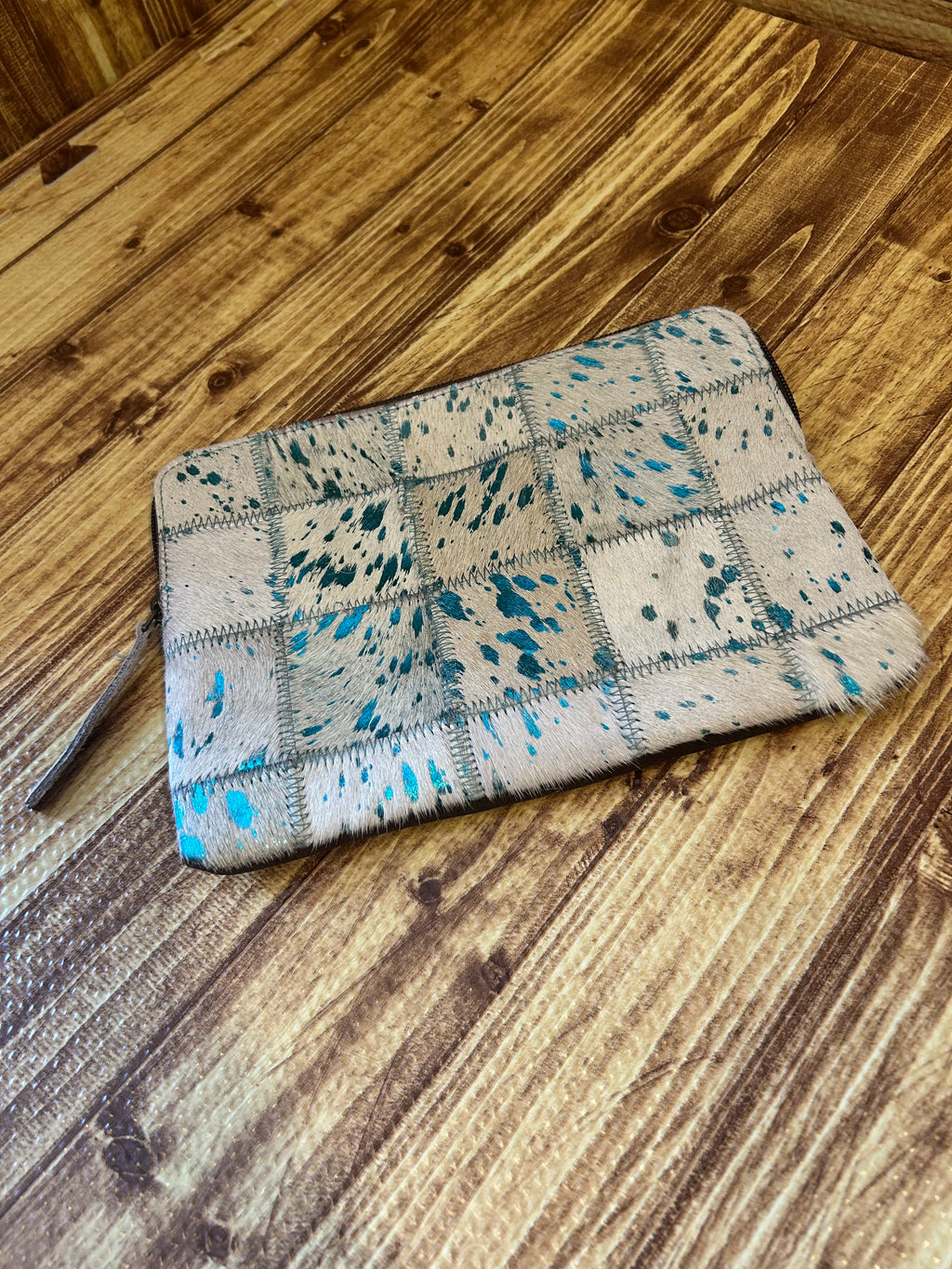 Boho Ranch Cowhide Accessory Pouch-Turquoise