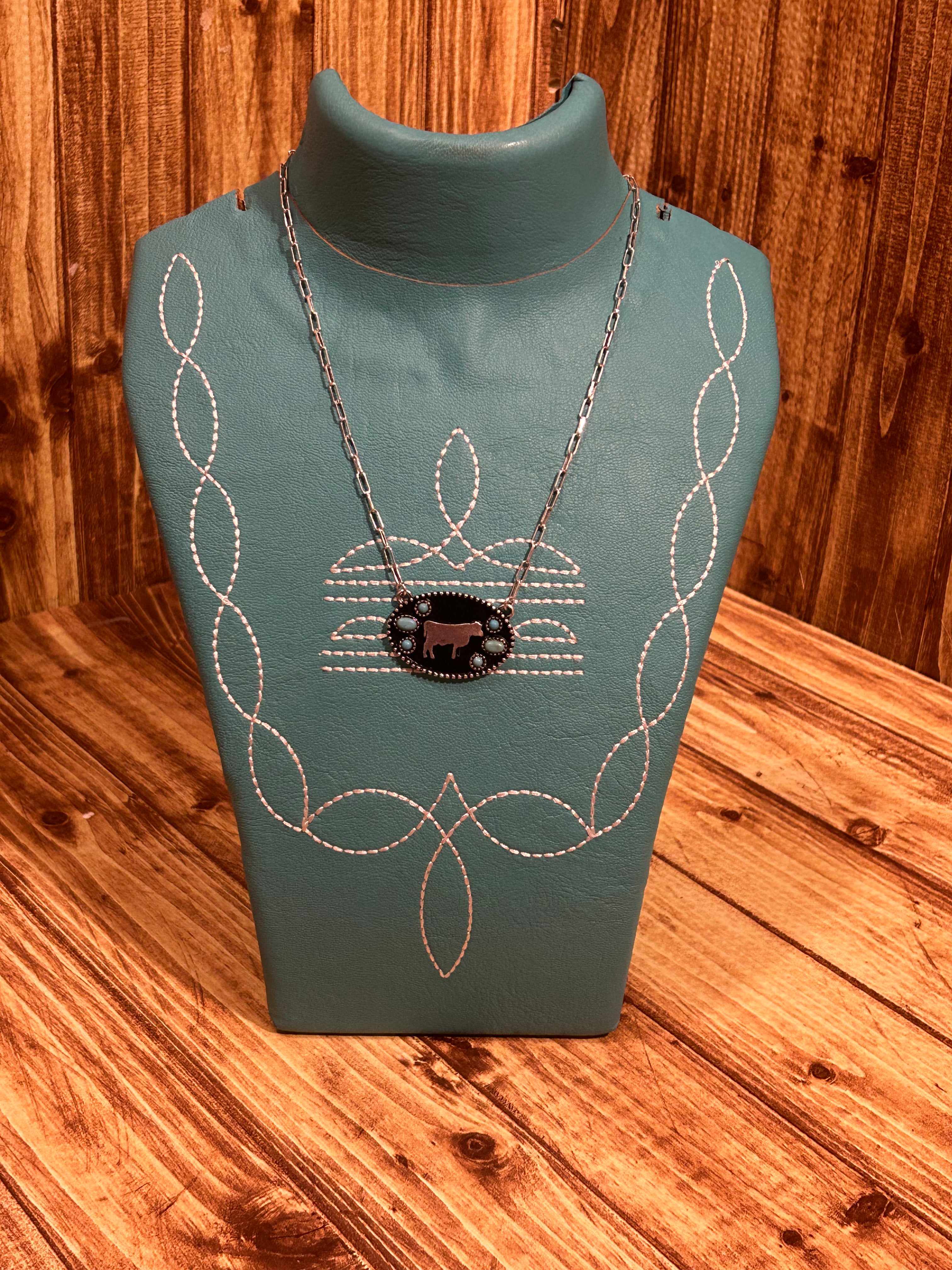 Cow Turquoise and Silvertone Necklace