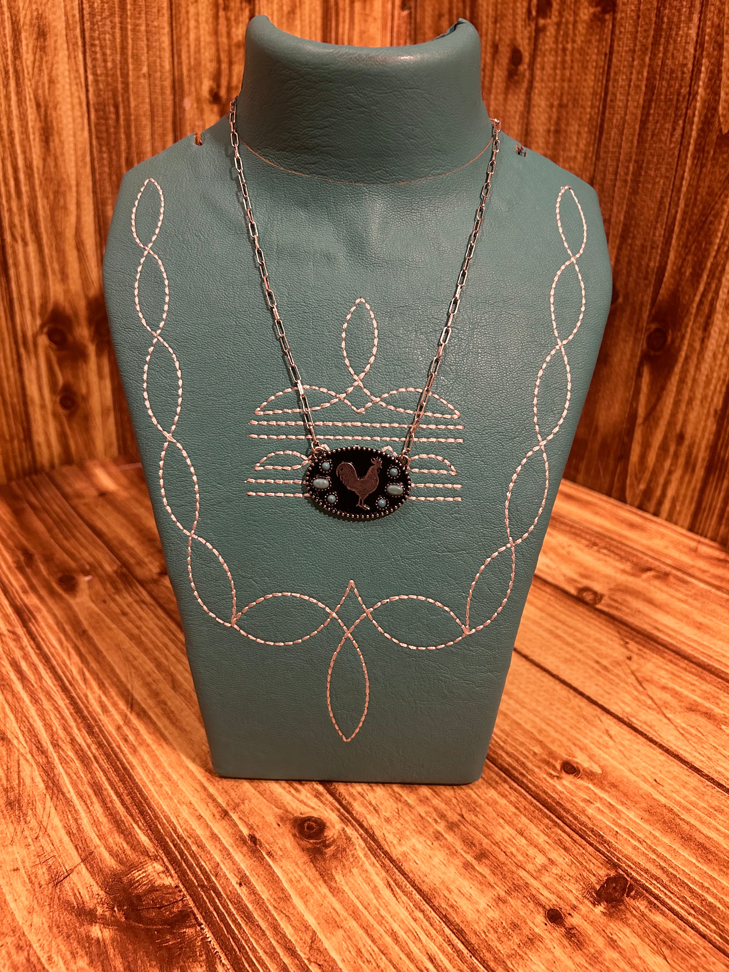 Rooster Turquoise and Silvertone Necklace