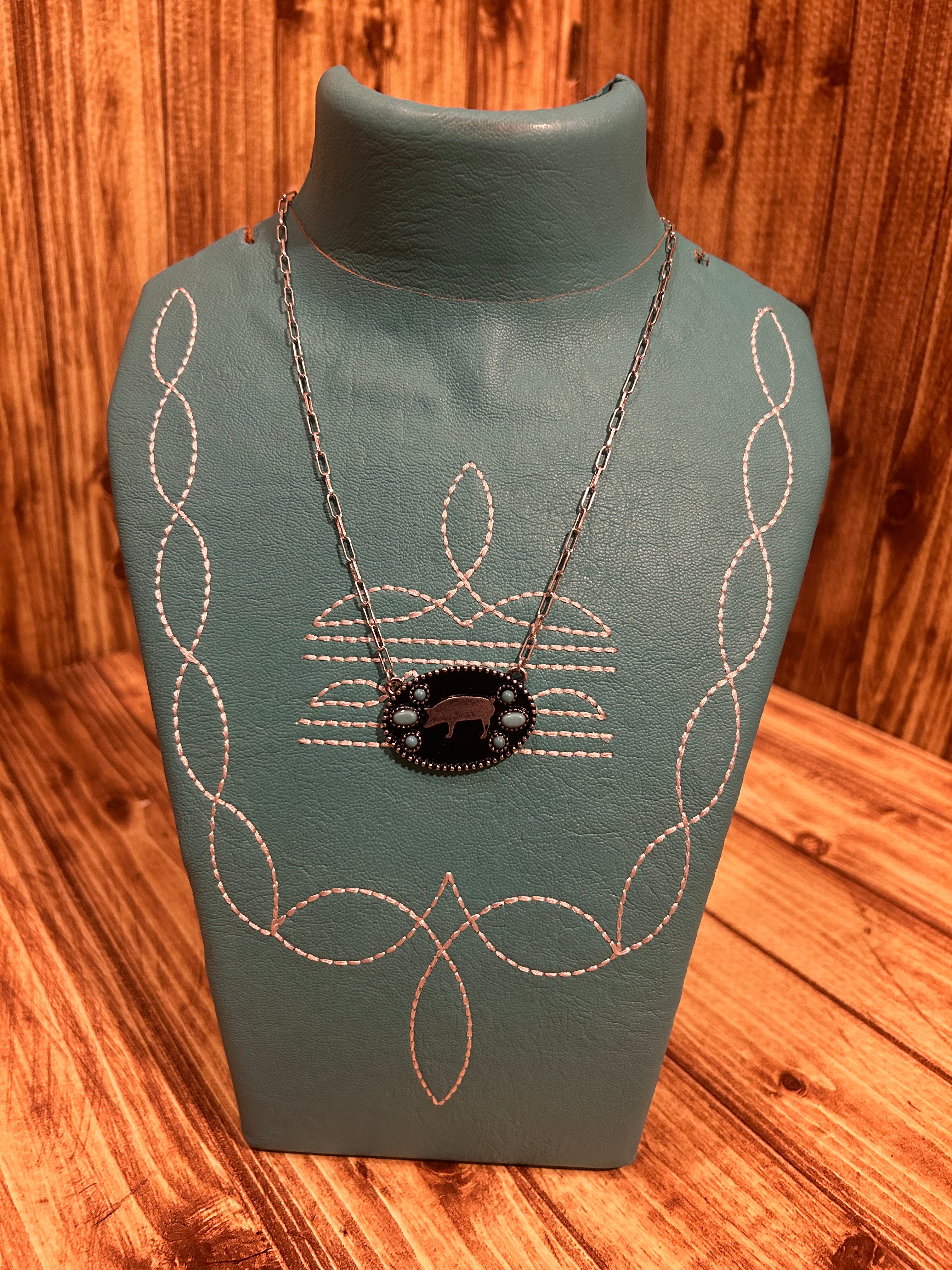 Pig Turquoise and Silvertone Necklace