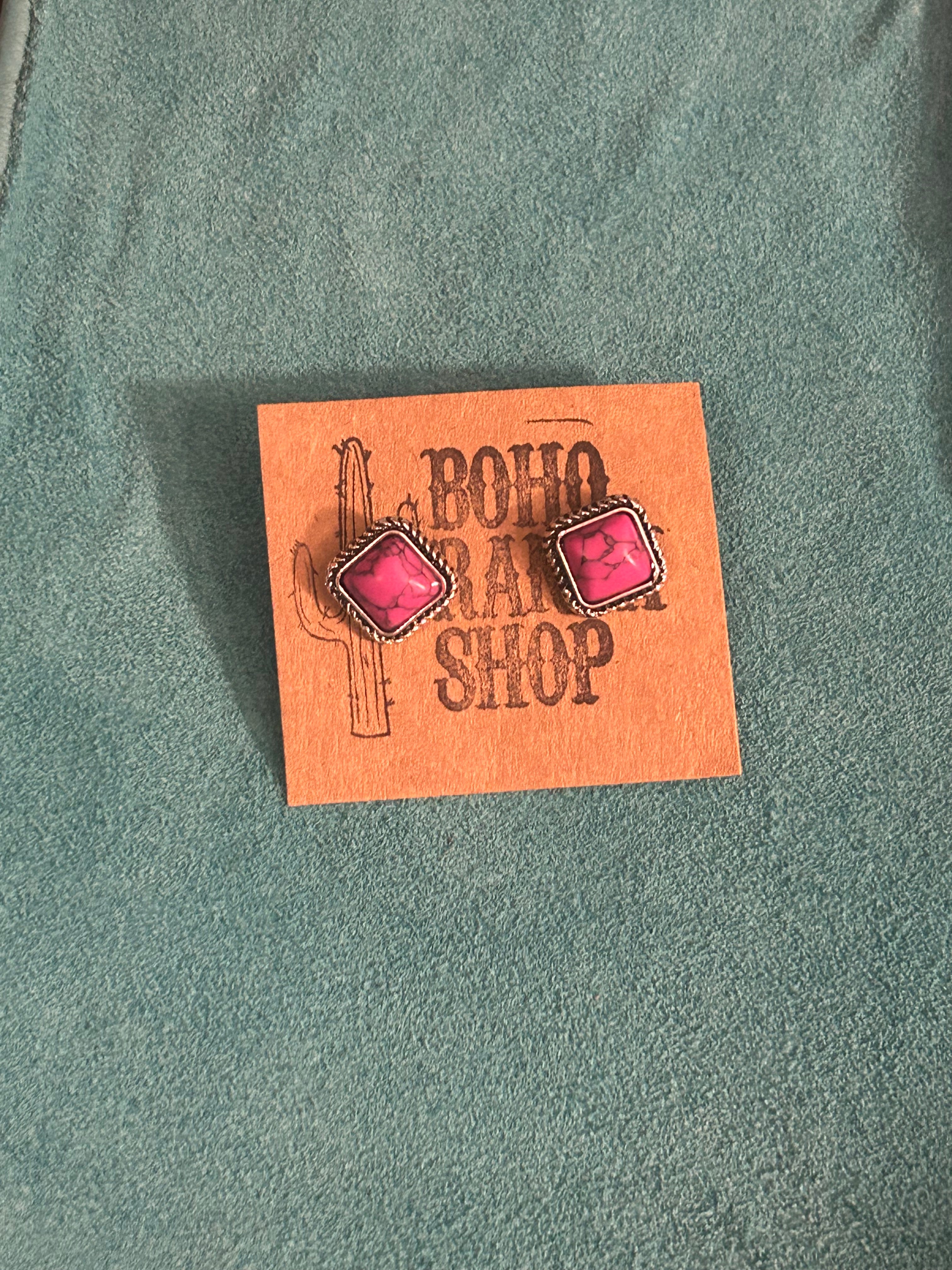 Western Mini Stone Stud Earrings-Square Shaped