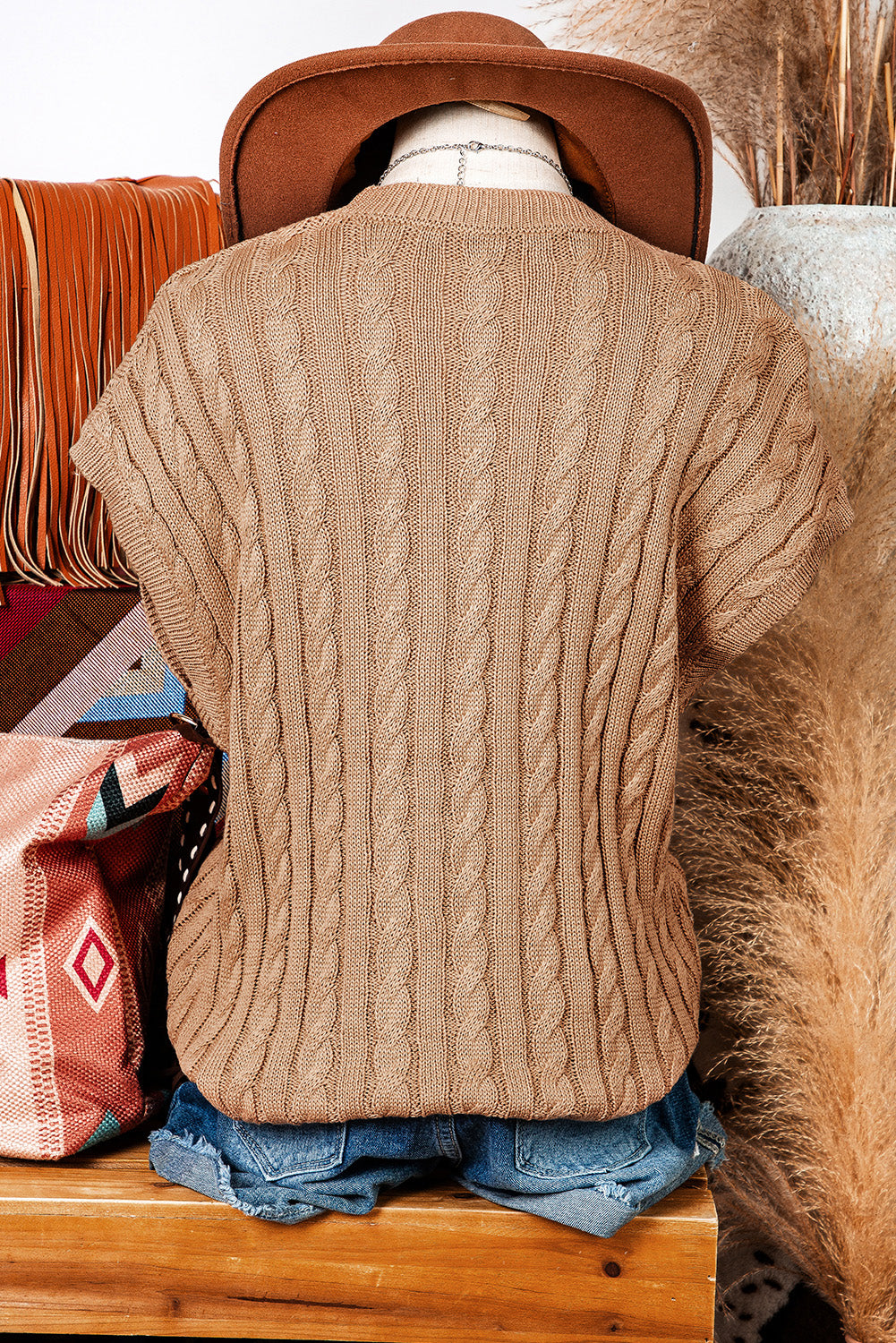 Crewneck Cable Knit Short Sleeve Sweater