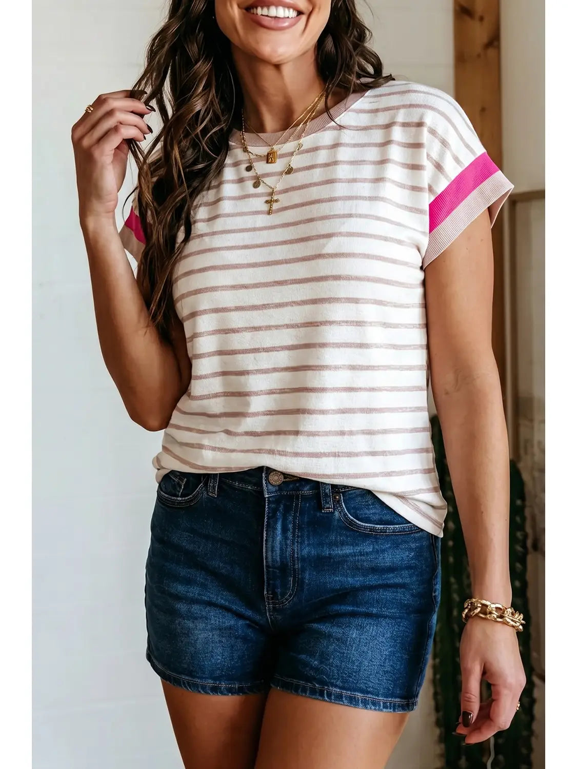 Stripe Color Block Trim Round Neck Short Sleeve Top