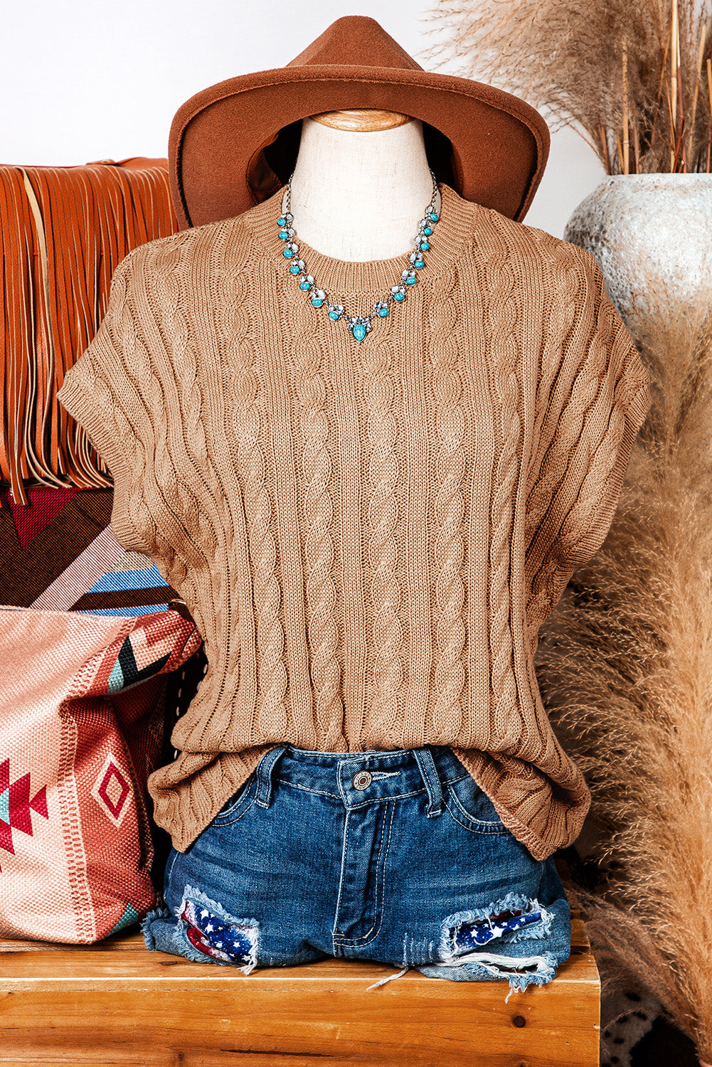 Crewneck Cable Knit Short Sleeve Sweater