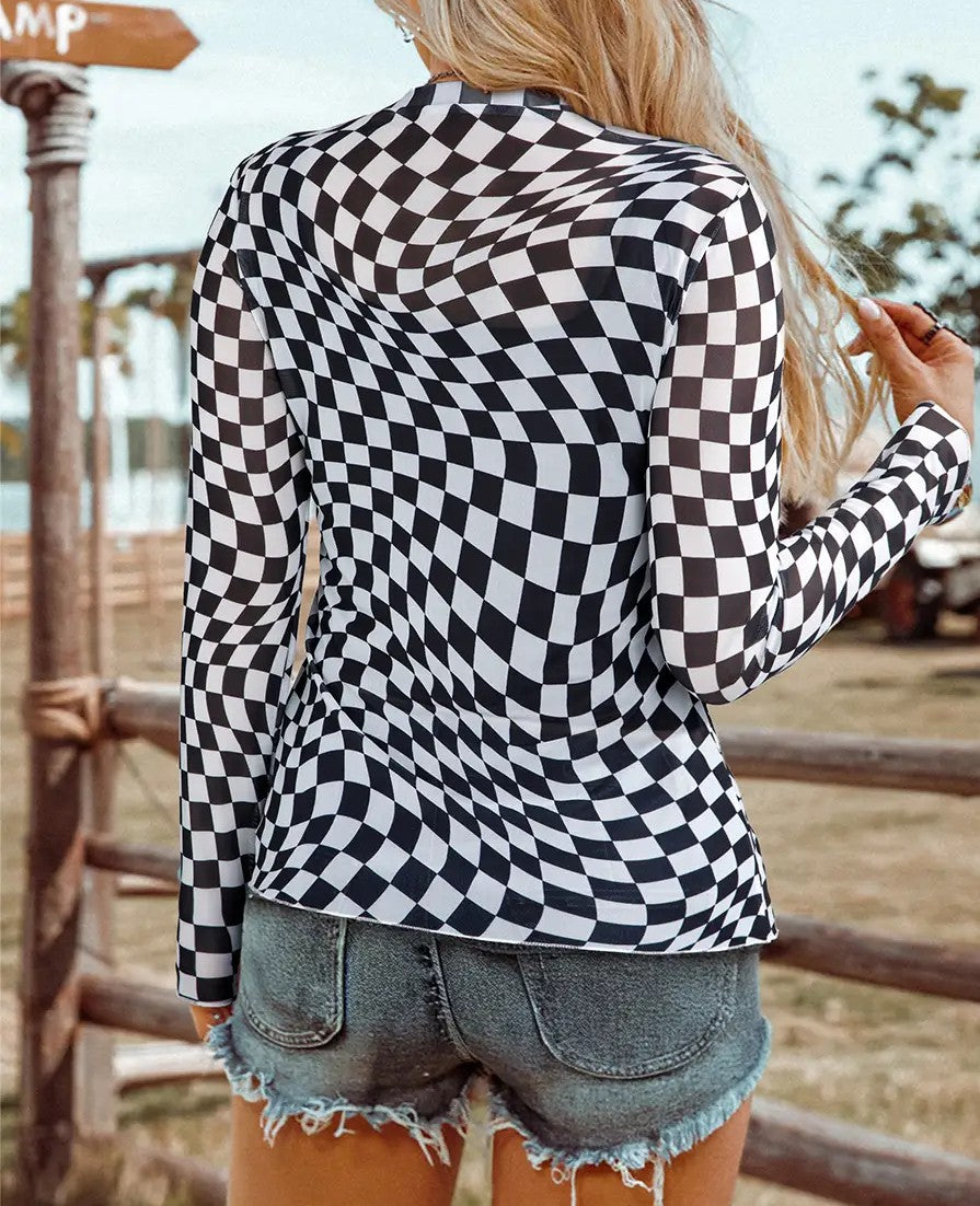 Western Checkered Pattern Mesh Mock Neck Long Sleeve Top